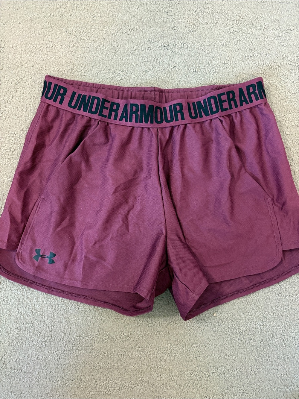 Under Armour Women's Maroon Athletic Shorts with Branded Waistband